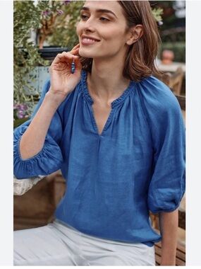 J.Jill Love Linen 100% Linen Short Sleeve Peasant Blouse Blue XS oversized